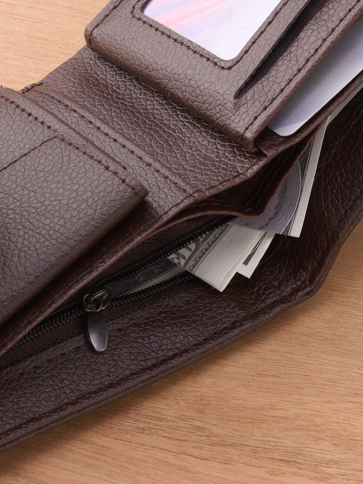 Men’s Slim Leather Wallet, Quality Zipper Purse with Coin Pocket, Male Business