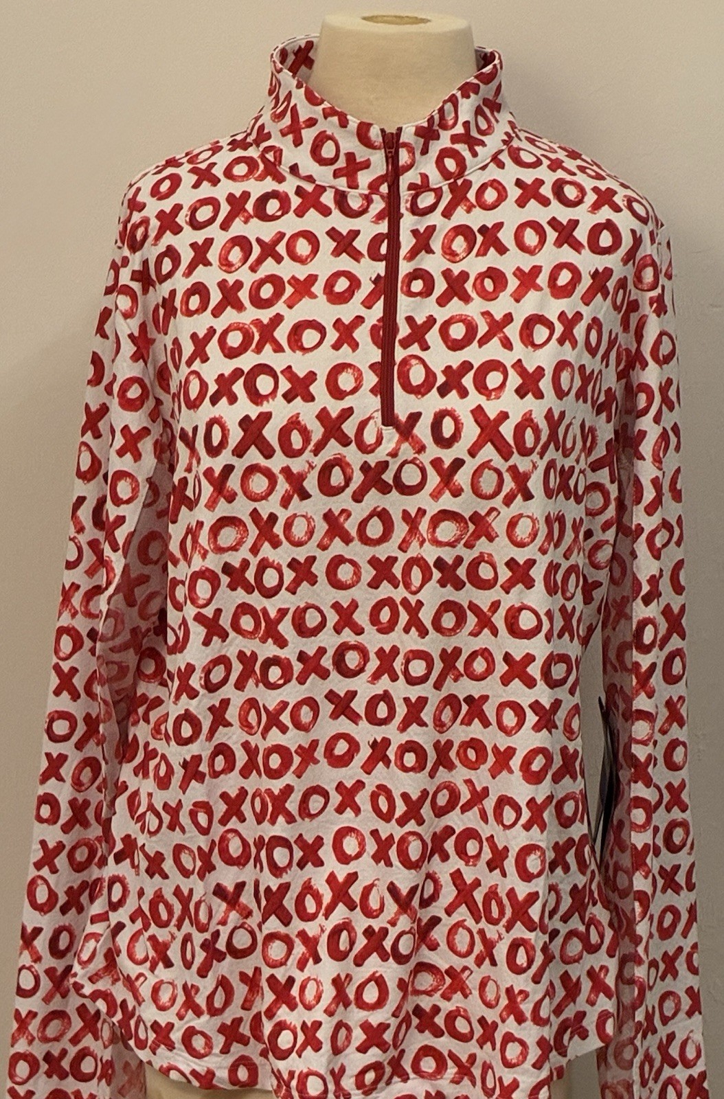 IBKUL XL IceFil Cooling Mock Zip Pullover XOXO Hugs & Kisses Red UPF 50+ NWT