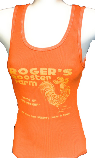 Womens Juniors David & Goliath Roger’s Rooster Farm Orange Tank Top Tee T-Shirt