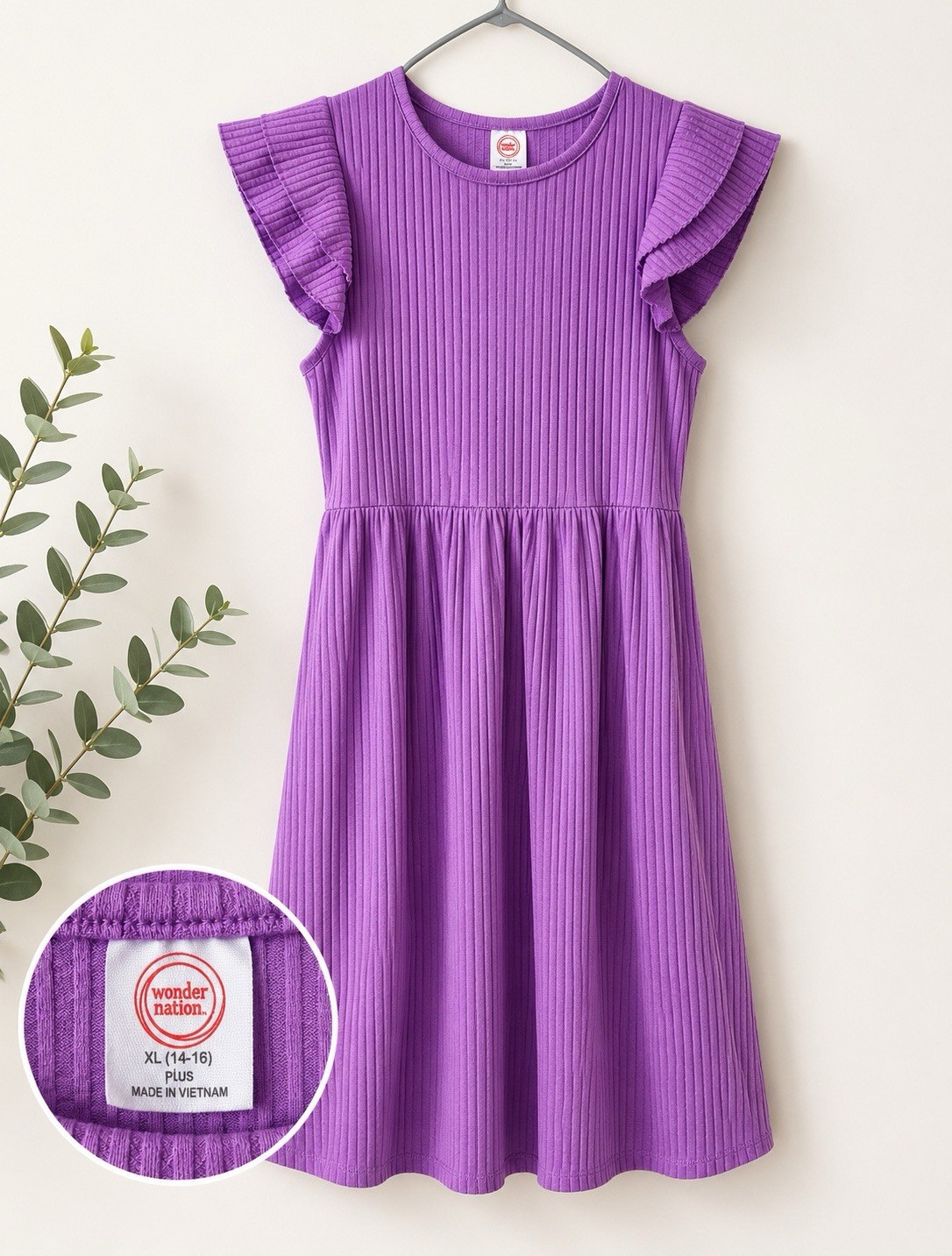 Wonder Nation Purple Ribbed Fit & Flare Ruffle Sleeve Dress XL 14-16 Plus