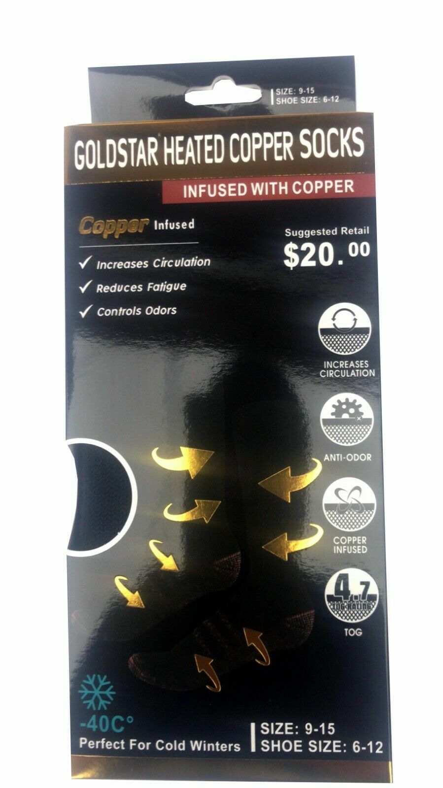 Goldstar Heated Copper Socks 2 Pairs Black Athletic Relief Travel Running Energy