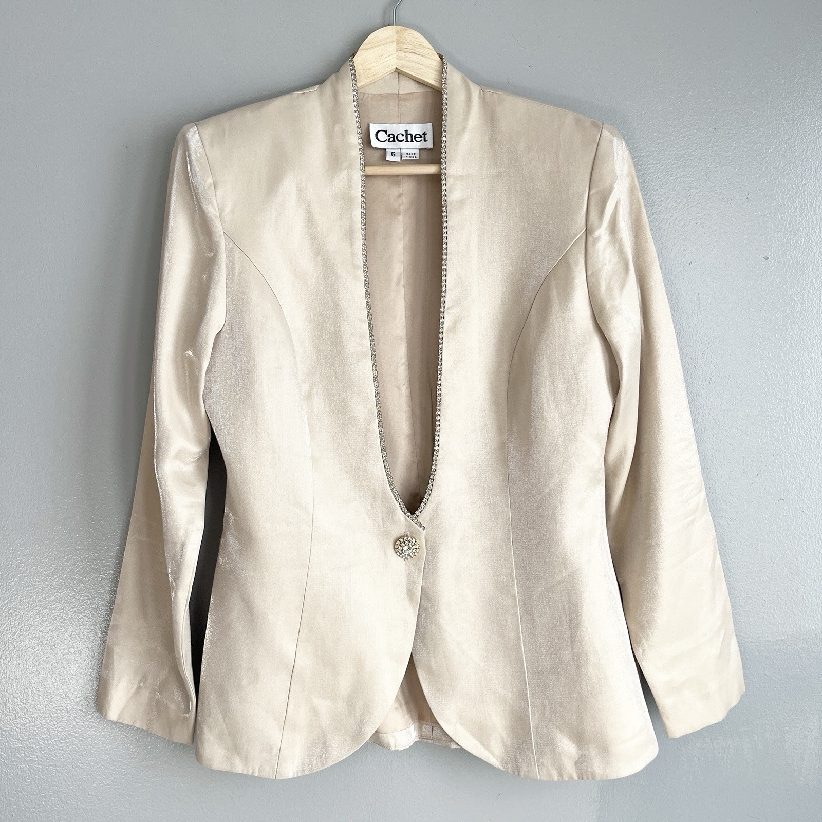 Vintage Cachet Blazer Jacket Beige Tan One Button Rhinestone Satin USA Made 6