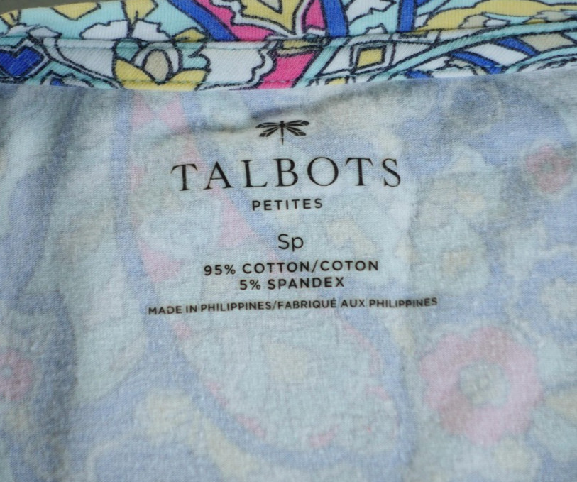 Talbots Shirt Womens SP Multicolor Paisley 3/4 Sleeve Crew Neck Jersey Top