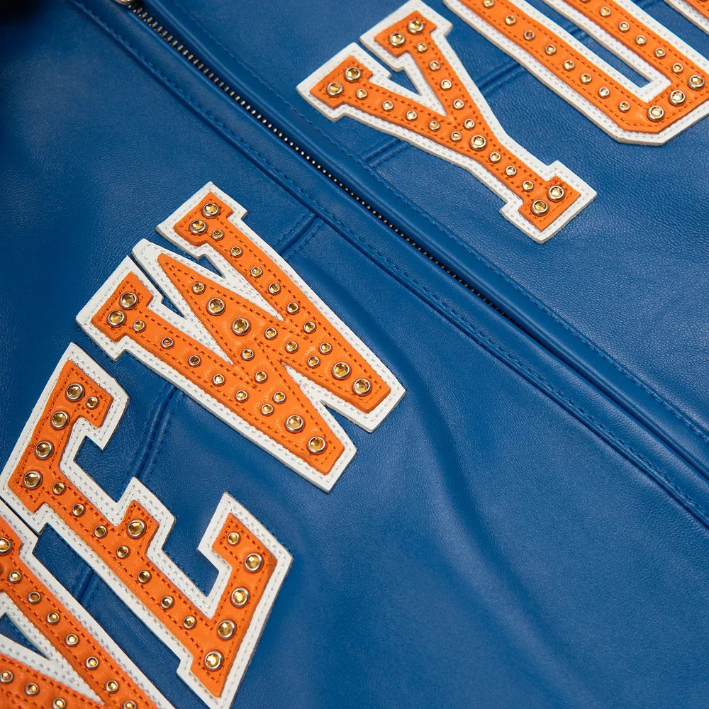 Pe lle Pe lle x Fisll New York K nicks Cowhide Leather Varsity Jacket Basketball