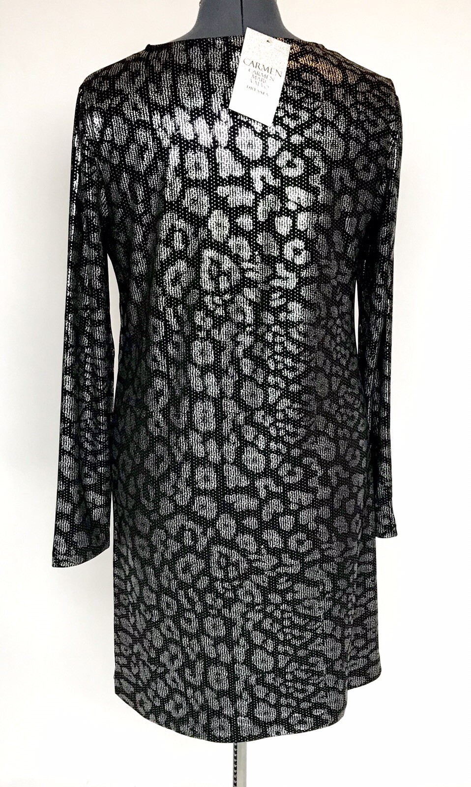 Carmen Marc Valvo Silver & Black Stretch Dress.Retail $88 Price $44 Size L NWT