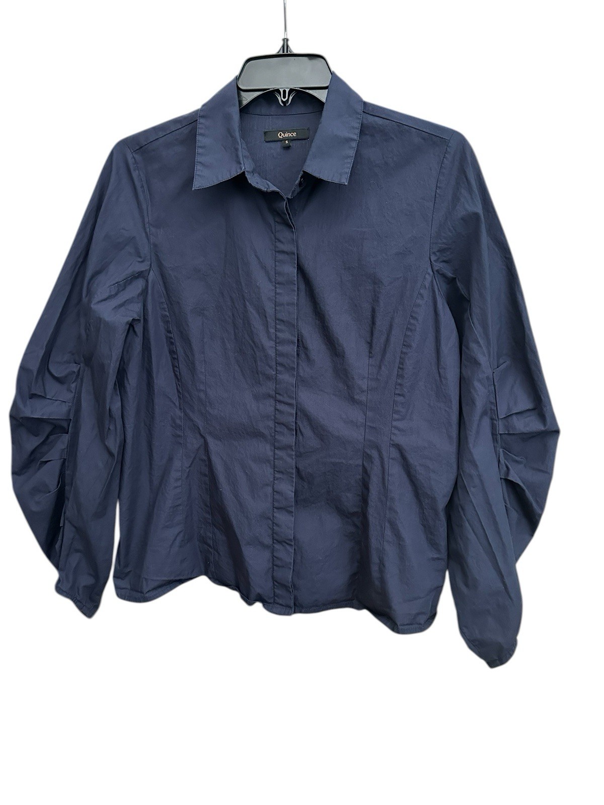 Quince 100% Organic Cotton Poplin Balloon Sleeve Shirt Small Ruched Blue #AAA7-6