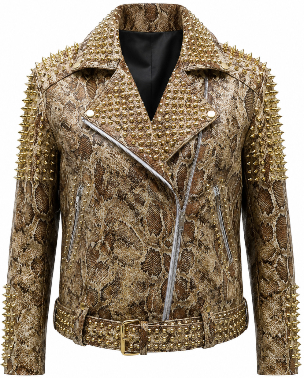 Spiked Studded Snakeskin Leather Jacket Punk Rock Heavy Metal Moto Biker Belted