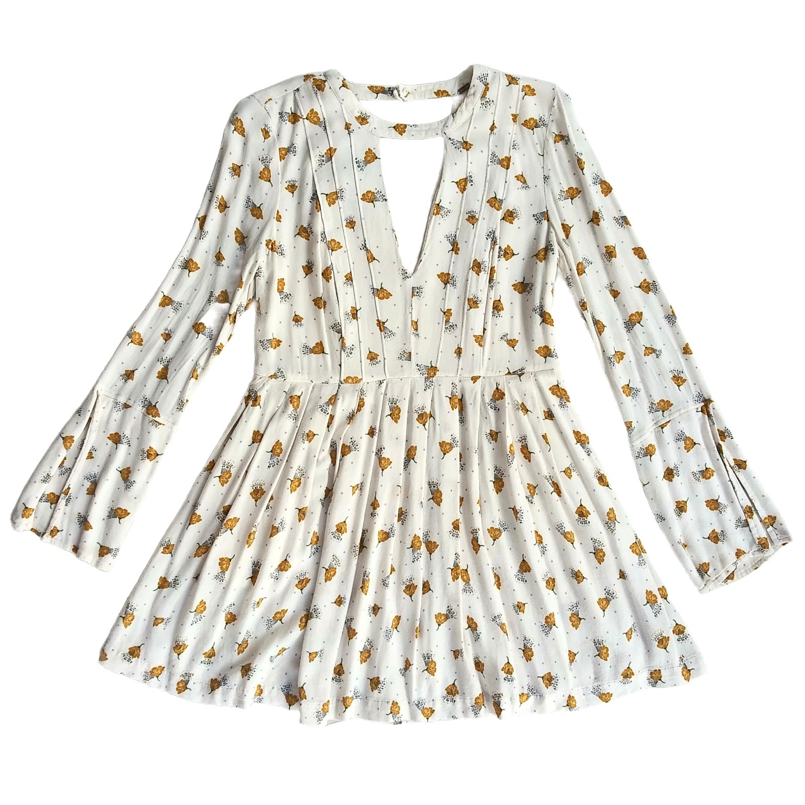 Free People Tegan Mini Dress Long-Sleeve Floral Pleated Keyhole Ivory Neck Sz S