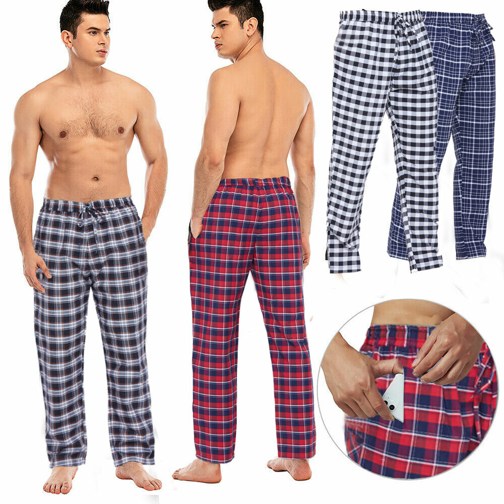 Mens Lounge Pants Soft Lightweight Check Plaid Sleep Pajama Pants with 2 Pocket