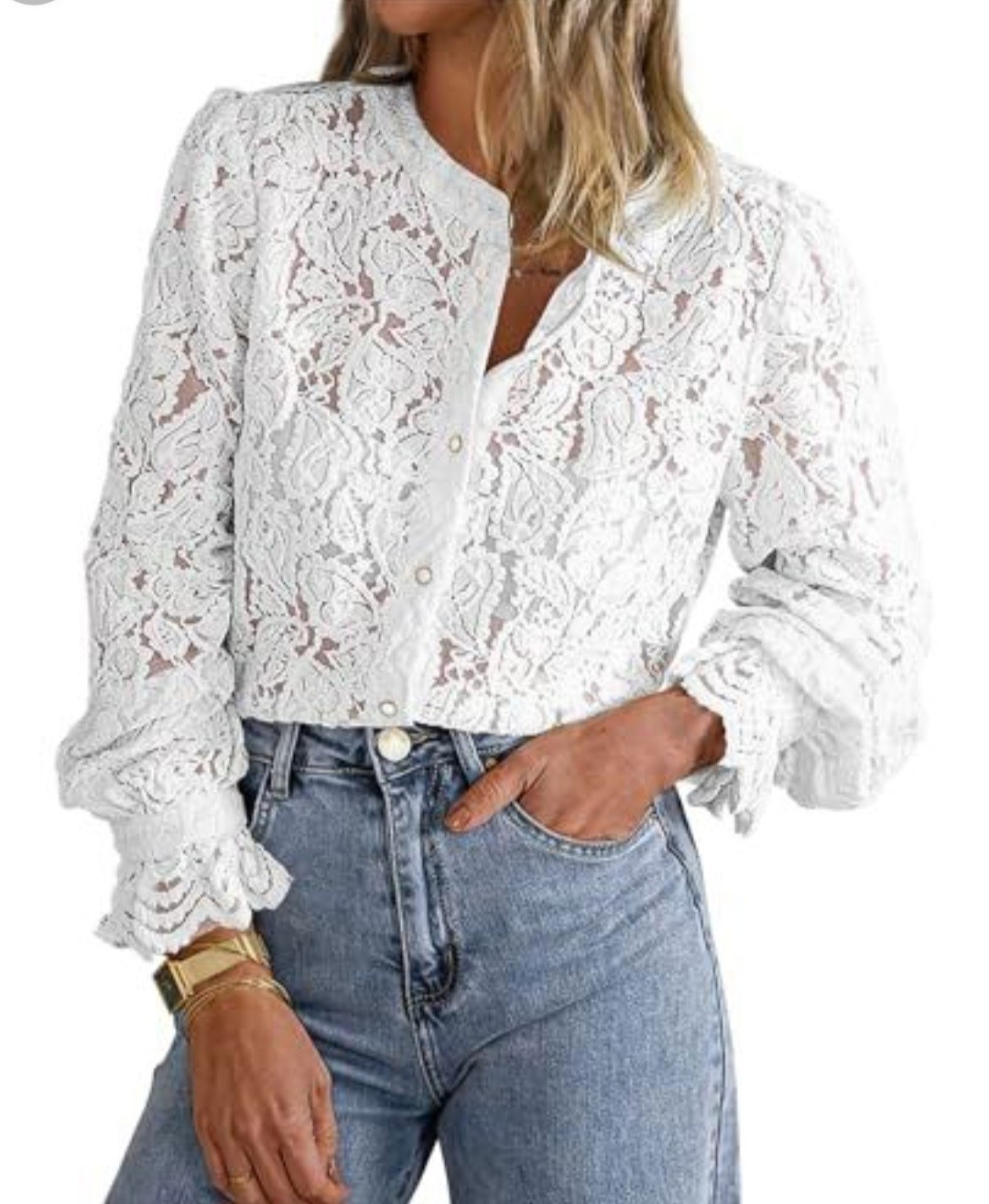 Women’s Dressy Casual Lace Blouse Long Sleeve Button Up Shirts Tops White Sz Med