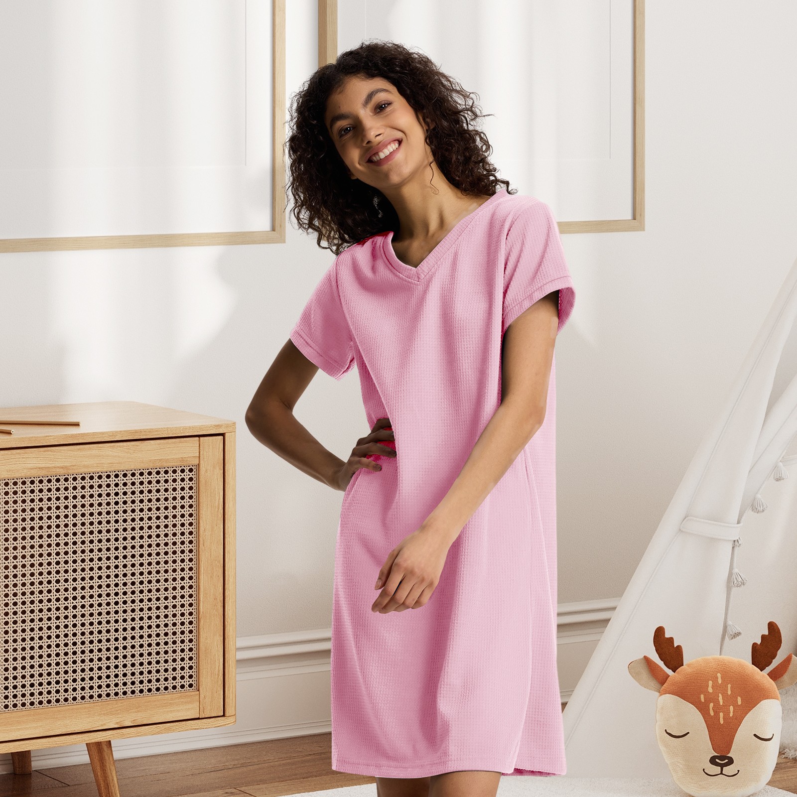 SIORO Women Short Sleeve Nightgowns Comfy Sleepshirt Sleepwear Waffle Loungewear
