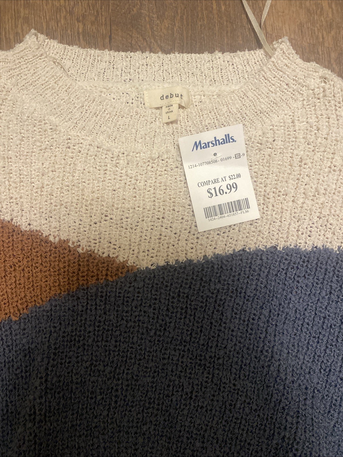 NWT Debut Women’s Crochet Slouchy Sweater Large Ivory Brown Blue Knit Pullover