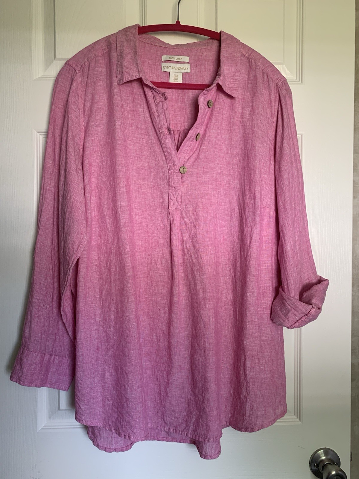 Cynthia Rowley 1X Popover 100% Linen Tunic Top Roll Sleeve Tunic Top
