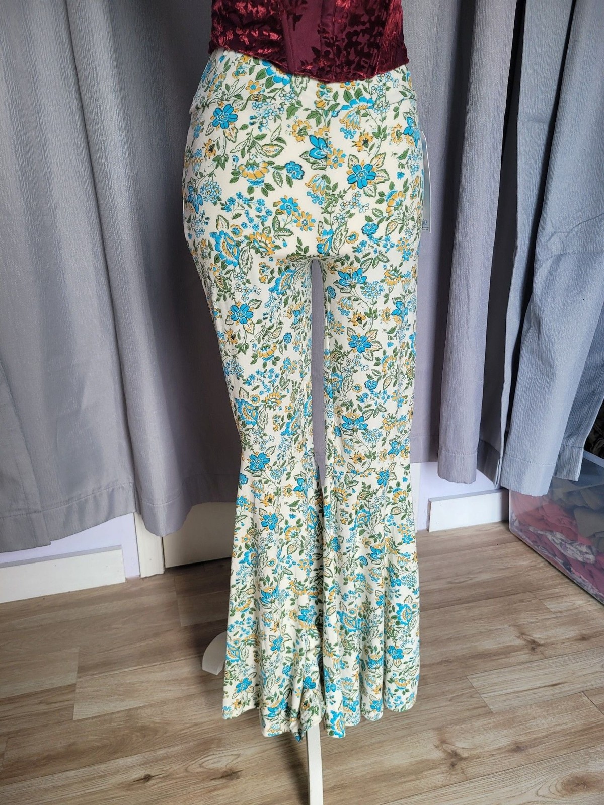 Shosho Blue Floral Print High Waisted Bell Bottom Flare Pants