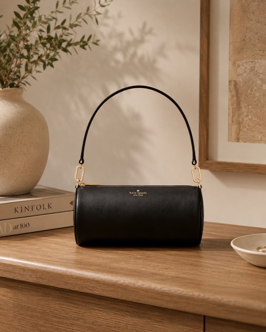 Kate Spade Roulette Medium Shoulder Bag Black Glazed Leather Gold Hardware NWT