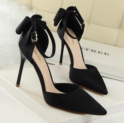 Chic Womens Faux Satin Sandals Bowknot High Heels Pointed Toe Casual Dress Shoes