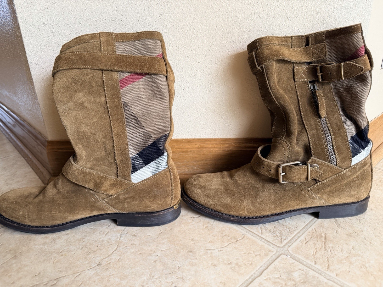 Burberry Brown Suede Mid-Calf Boots Check Pattern Zip Buckle EU 38 US 8