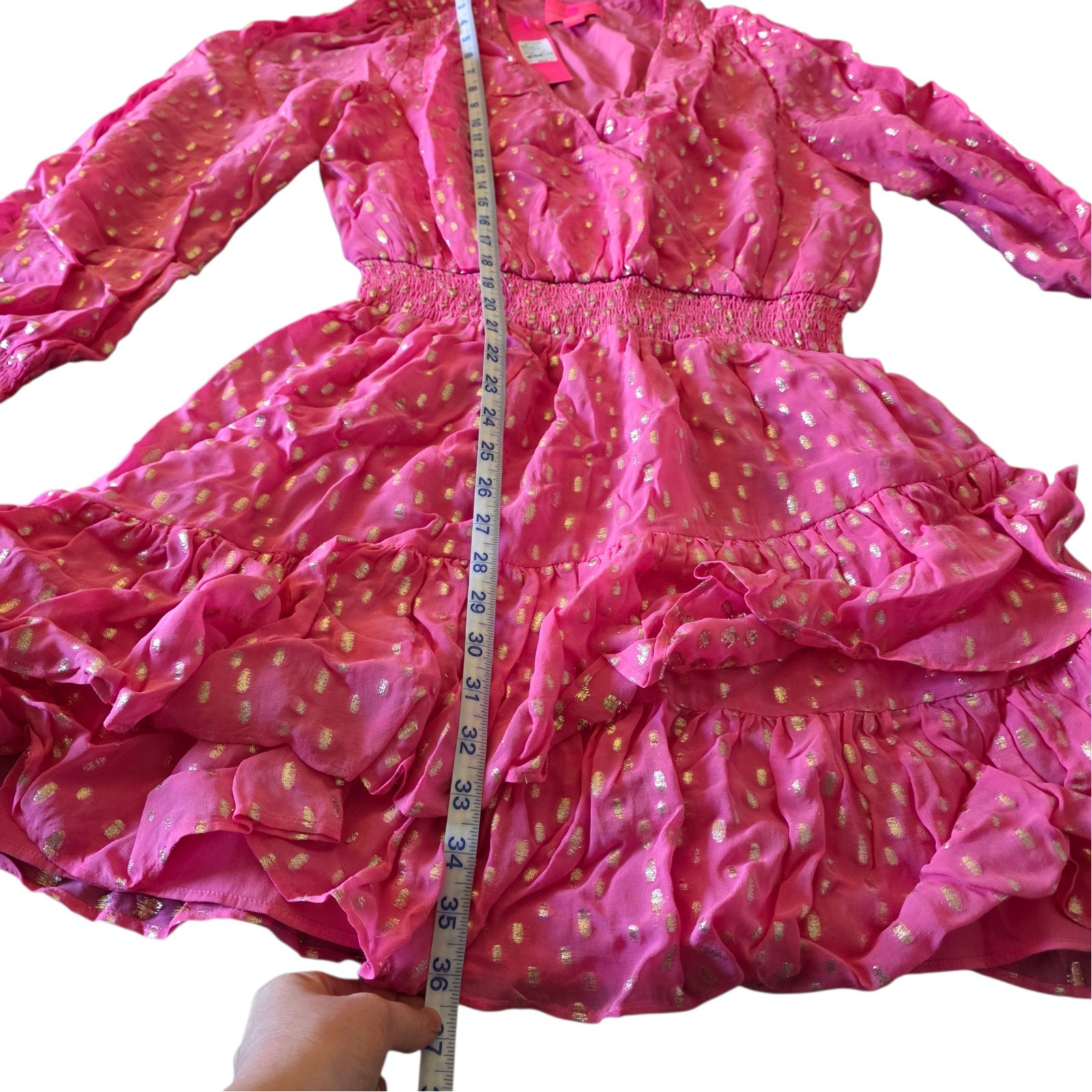 Lilly Pulitzer Cristiana Dress 12 Aura Pink Metallic Clip Dot Ruffle Smocked NWT