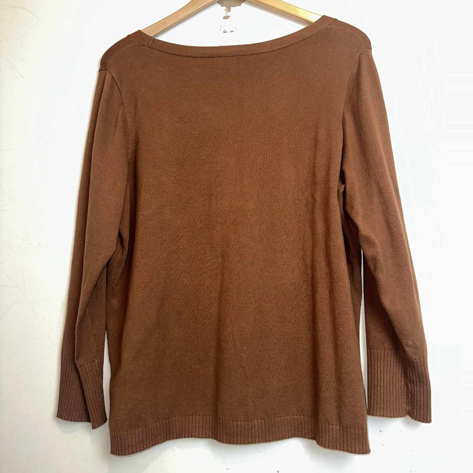 Talbots Womens 2XP Scallop Brown Solid Tight-Knit Sweater Cotton Classic Stretch