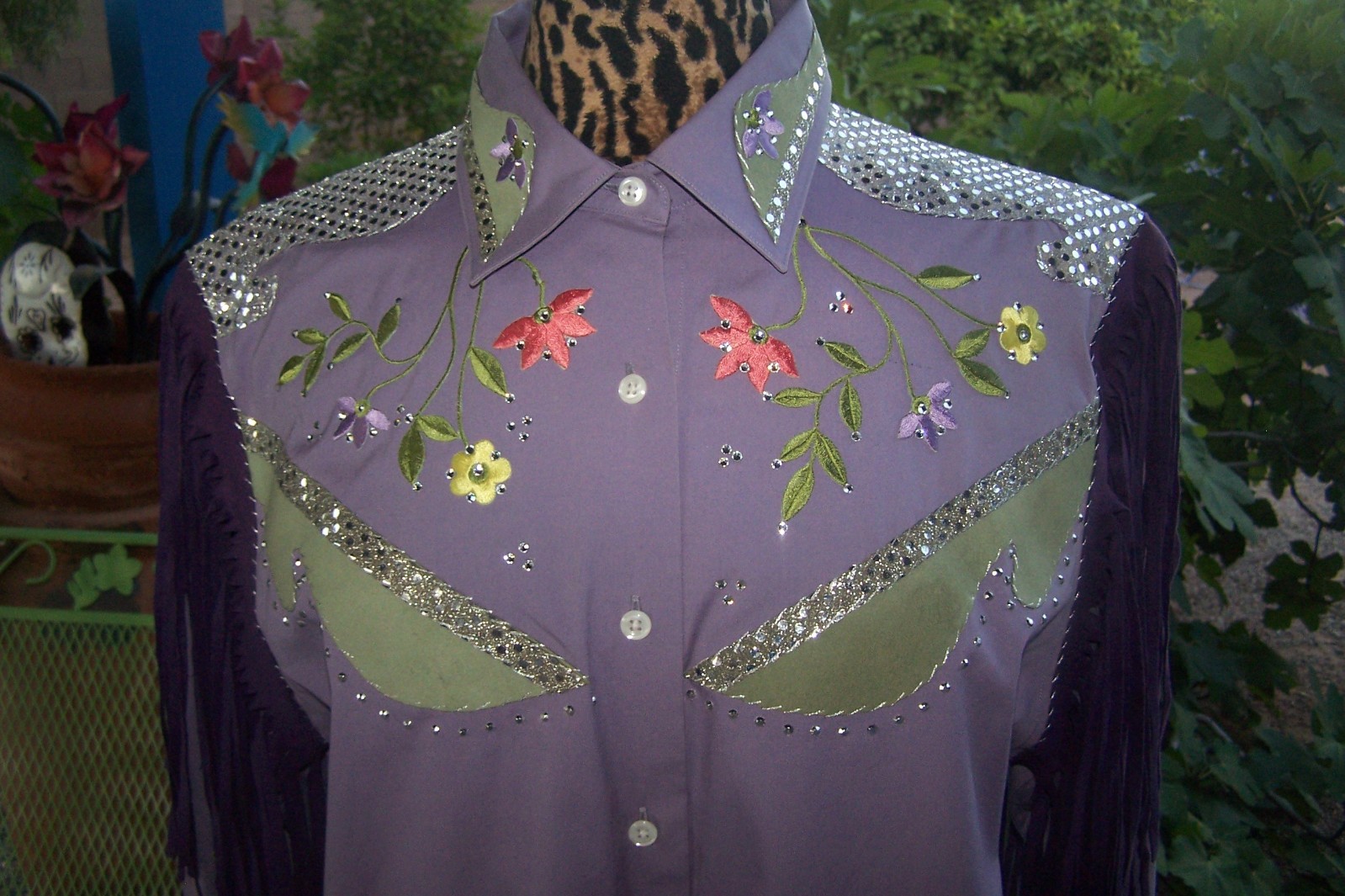 XL Western Custom Embroidered Fringe Rhinestone Cowgirl Boot Rodeo Queen Blouse