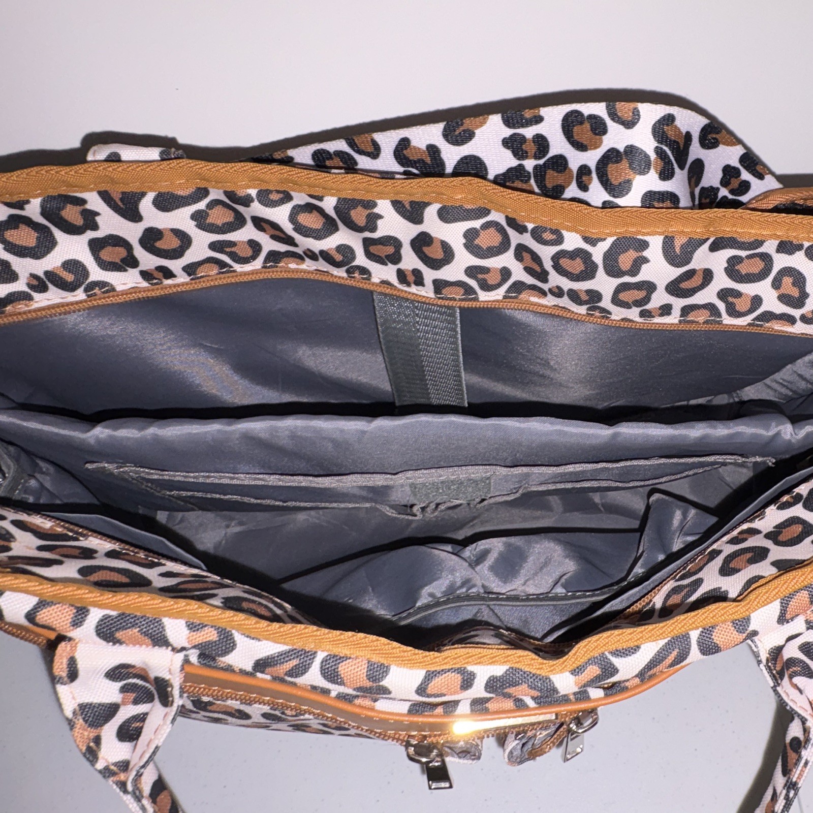 Rabjen Leopard Print Tote Bag Zip Closure Double Handles Pockets Lined Silver