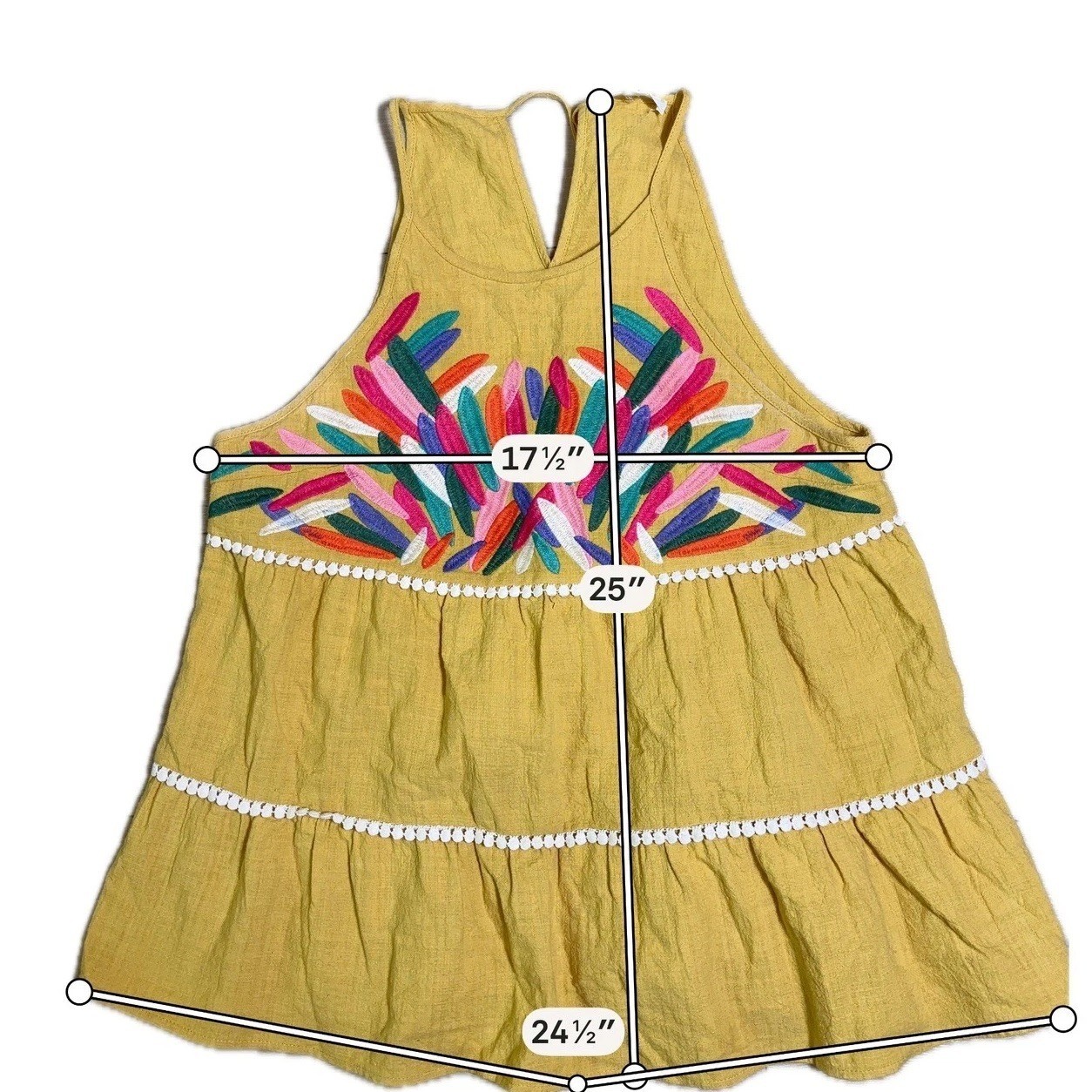 THML Women Mustard Yellow Embroidered Halter Top Tiered Babydoll Boho M