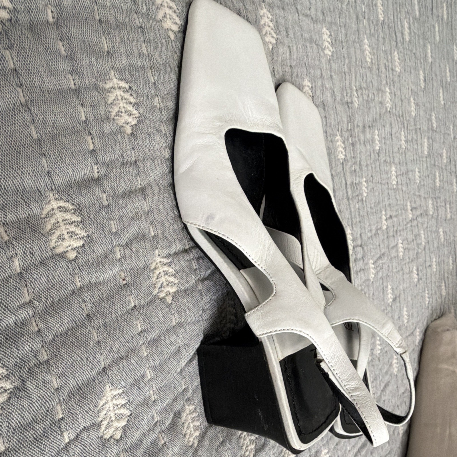 Zara White/Black Square Toe Slingback Block Heel Faux Leather Pumps EU 37