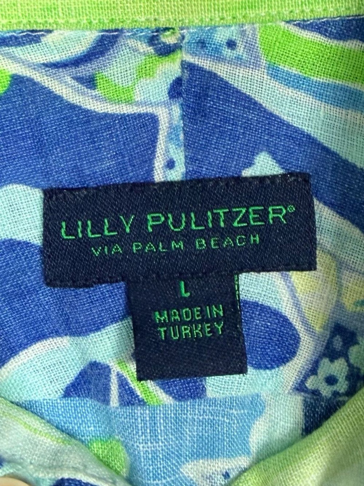 Lilly Pulitzer Men’s Stuff Wyeth 100% Linen Shirt L Sea Turtle Coral Blue Print