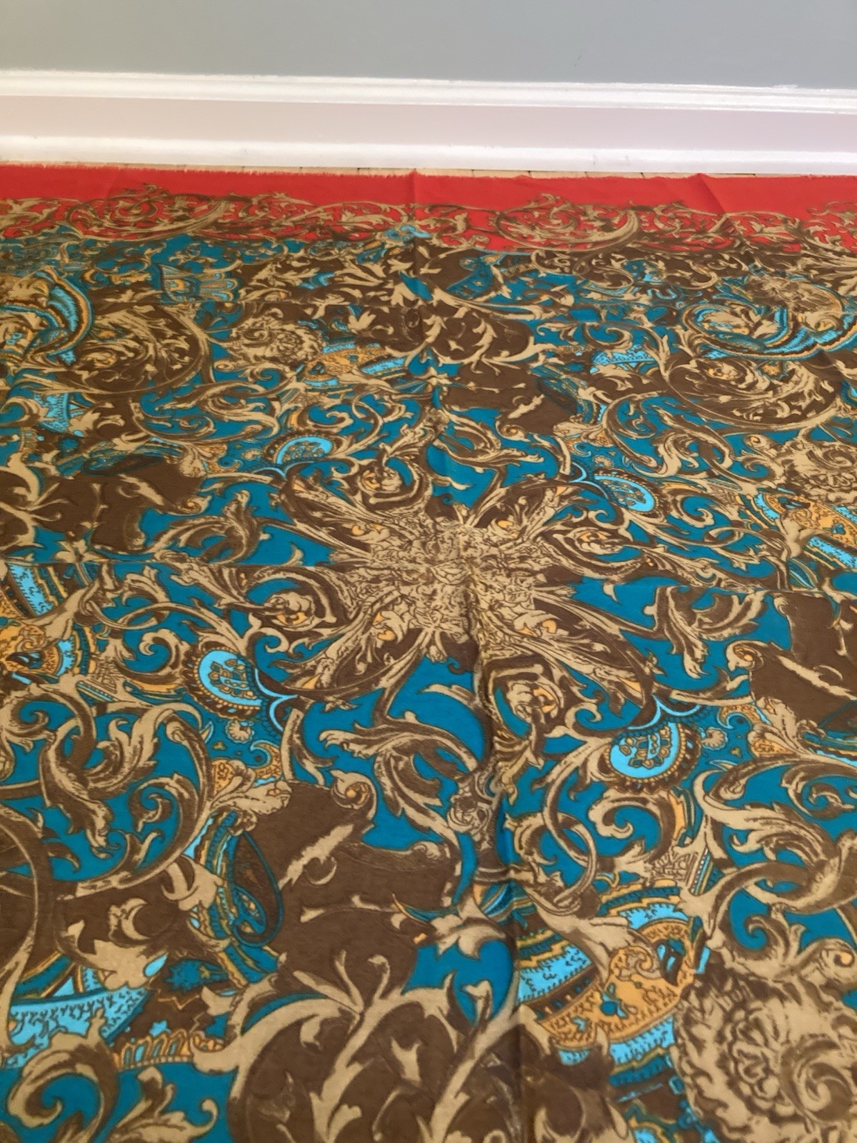 Vintage AS Made in Turkiye Scarf Shawl 46″ Square Red Blue Baroque Floral Large