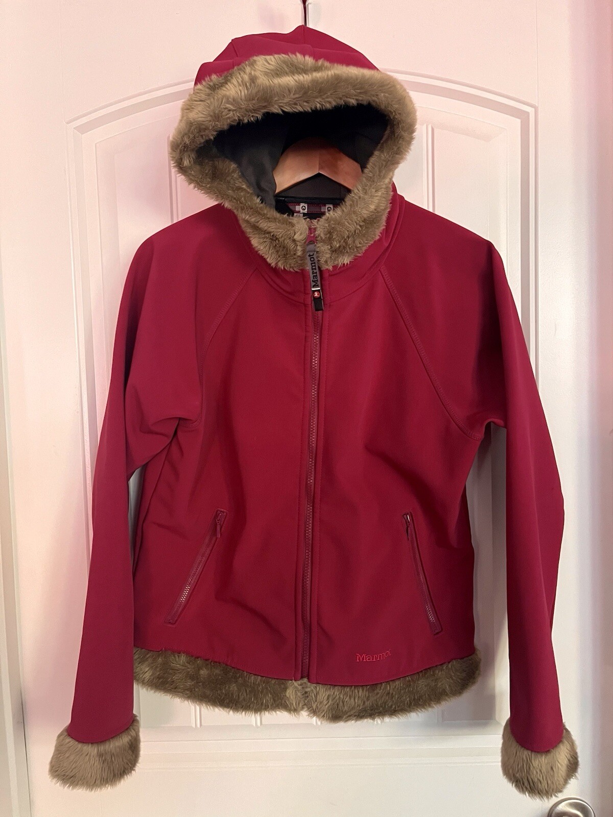 Marmot Womens Large Furlong Fleece Lined Faux Fur Trim Hood Jacket Dark Pink CC