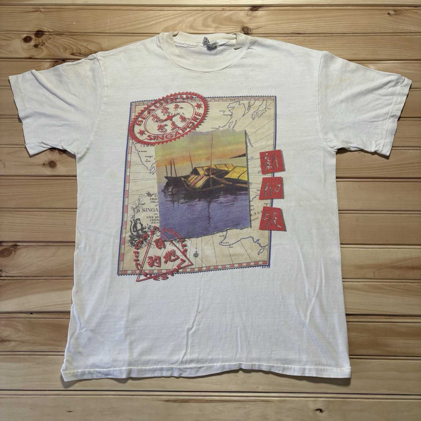 Vintage 80s 90s Singapore Tropic Destination Cultural Single Stitch Shirt Medium