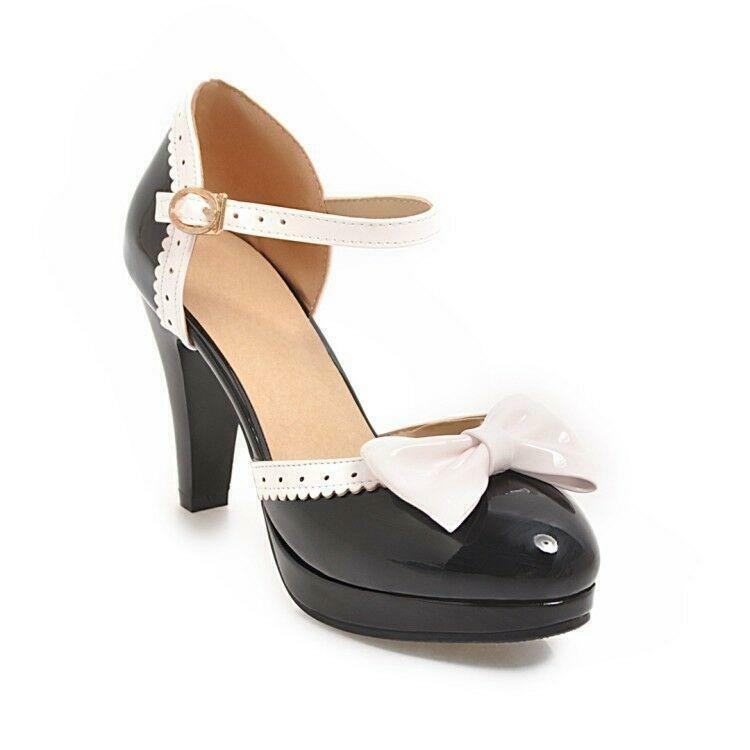 Women Ladies Mary Jane Round Toe Shoes Kitten Heels Bowknot Buckle Pumps Fashion