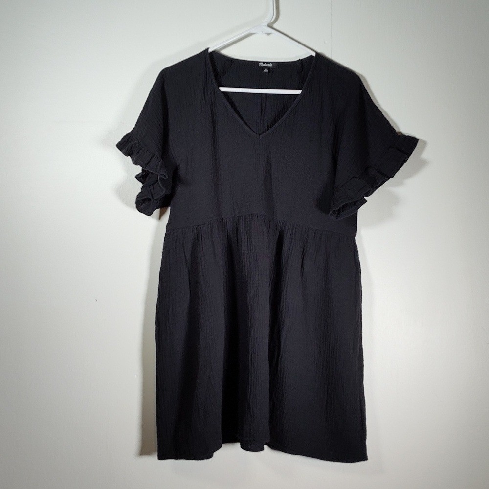 Madewell Black Cotton Gauze Ruffle Sleeve V-neck Mini Dress M