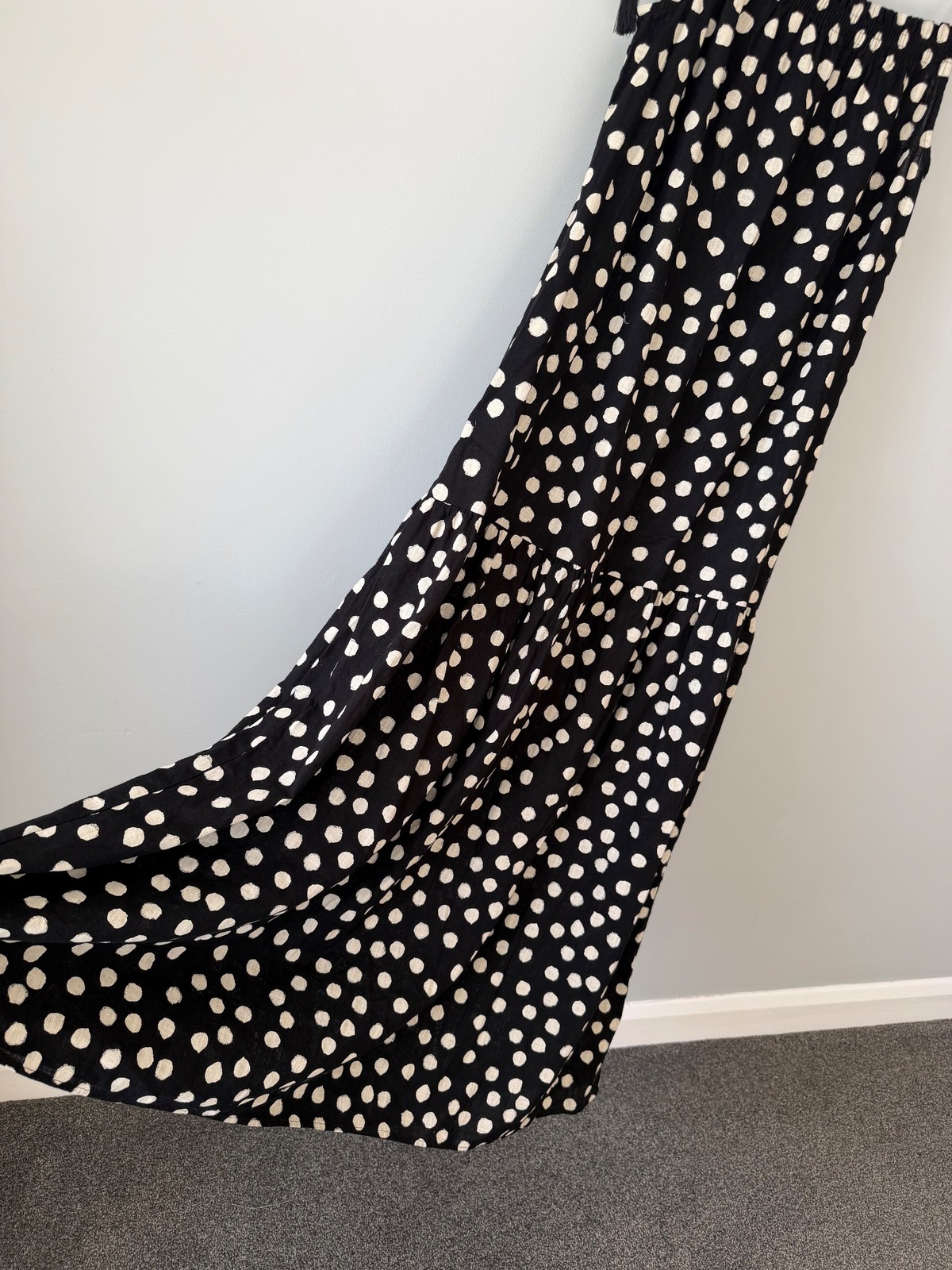 Next Black Beige Polka Dot Linen Cotton Midi Dress UK 10 Tassel Strap BNWT