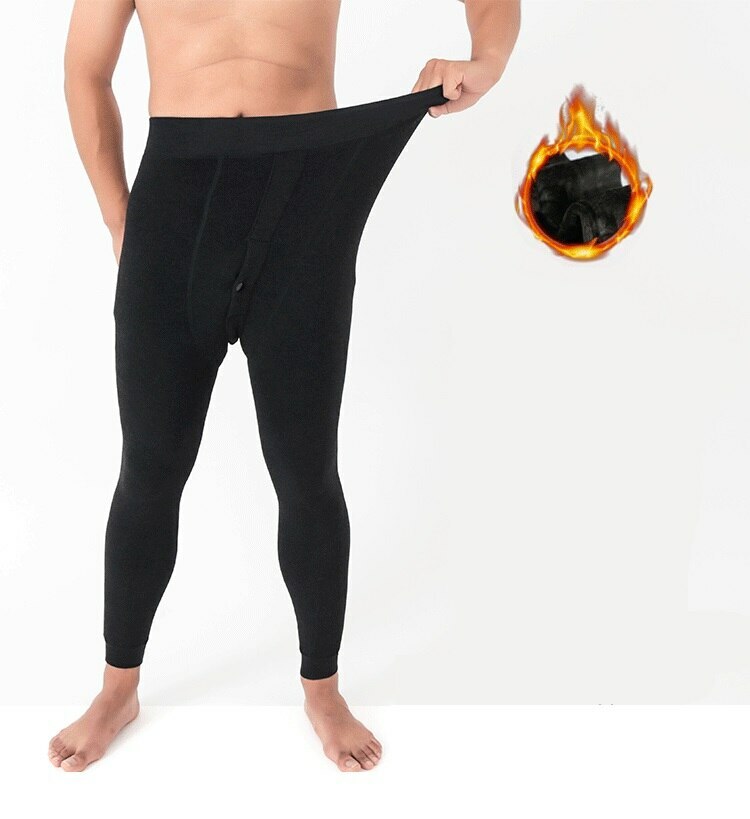 Black Men Fur Lined Elastic Warm Thermal Long Johns Legging Underwear Pants
