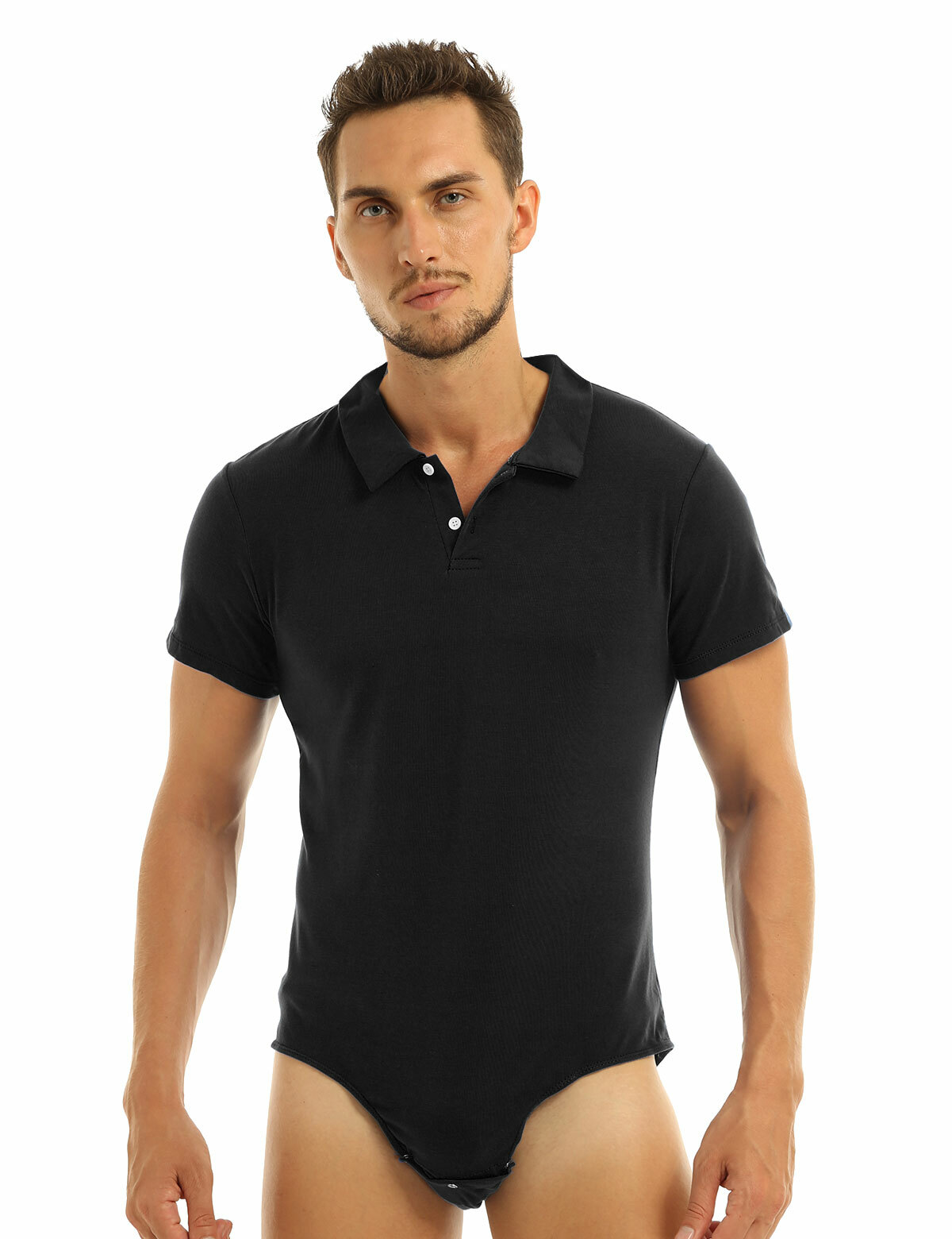 Men’s One Piece Turn-Down Collar Press Button Crotch Shirt Bodysuit Romper Tops