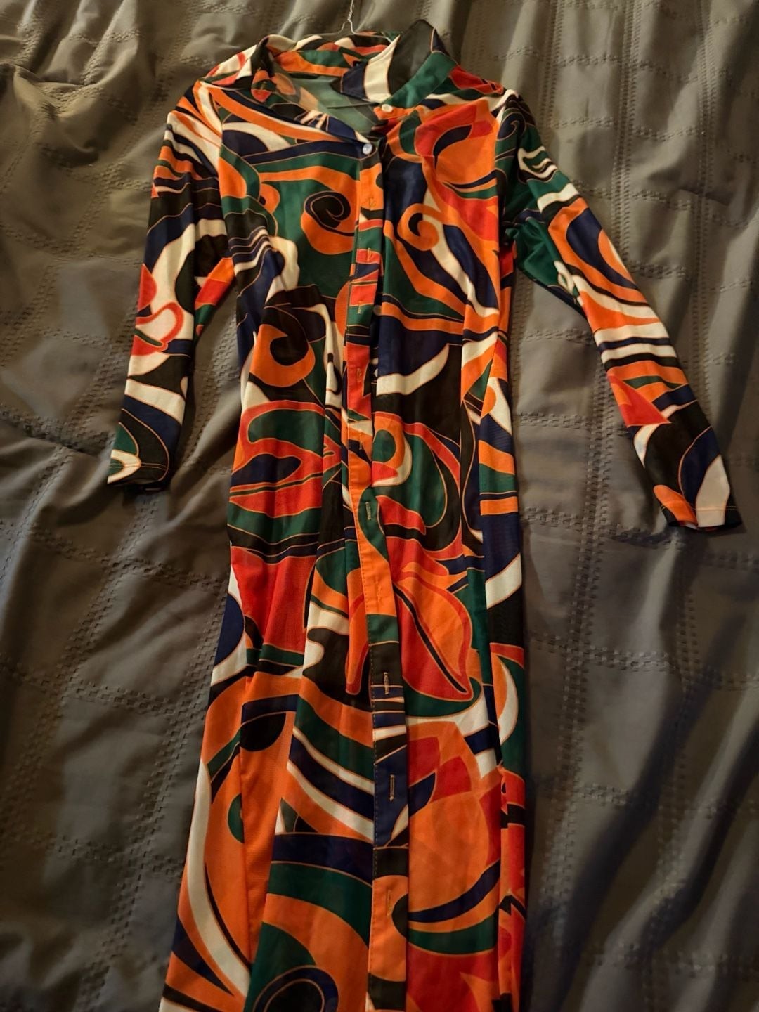 SHEIN Curve Allover Abstract Print Button Front Mesh Maxi Dress