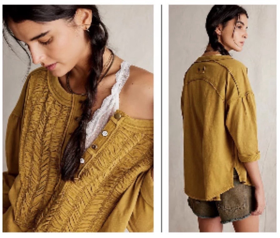 FP We The Free Redone Tee Ruched Button Henley Shirt Kelp Olive Yellow Size S