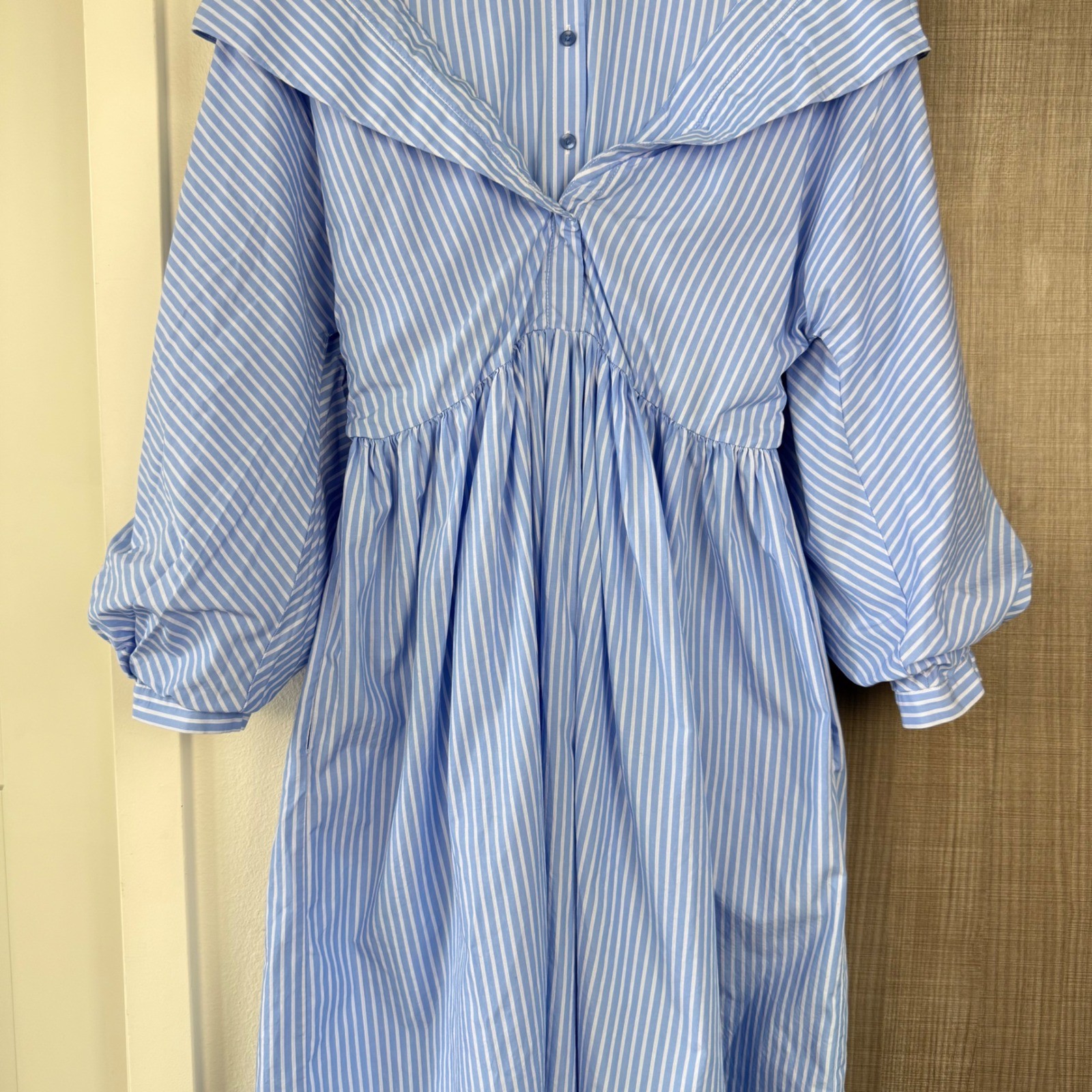 Batsheva Blue White Striped Sailor Collar Cotton Midi Dress Pockets Size Large