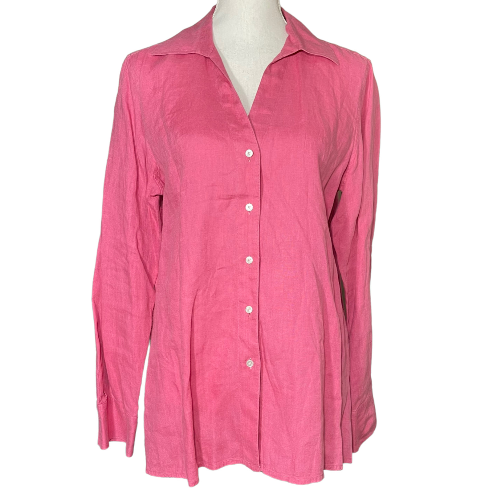 100% Linen Blouse 14 Irish Hot Pink Talbots Button-up Shirt Long Sleeve Barbie