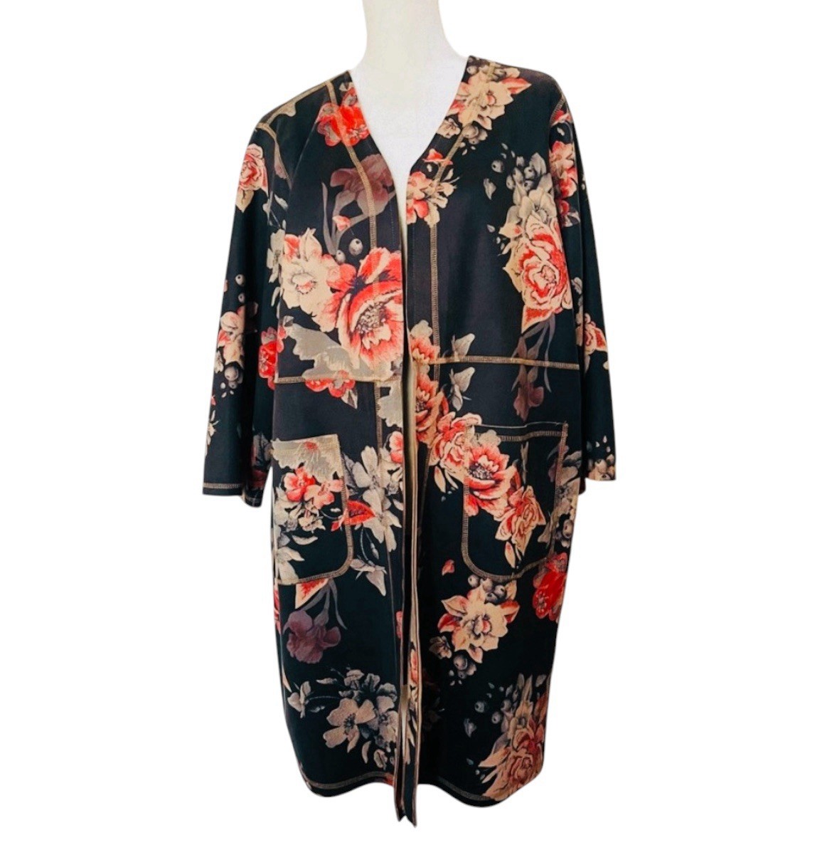 Philosophy Women’s 1X Black Floral Kimono Jacket 3/4 Sleeve Open Front Pockets