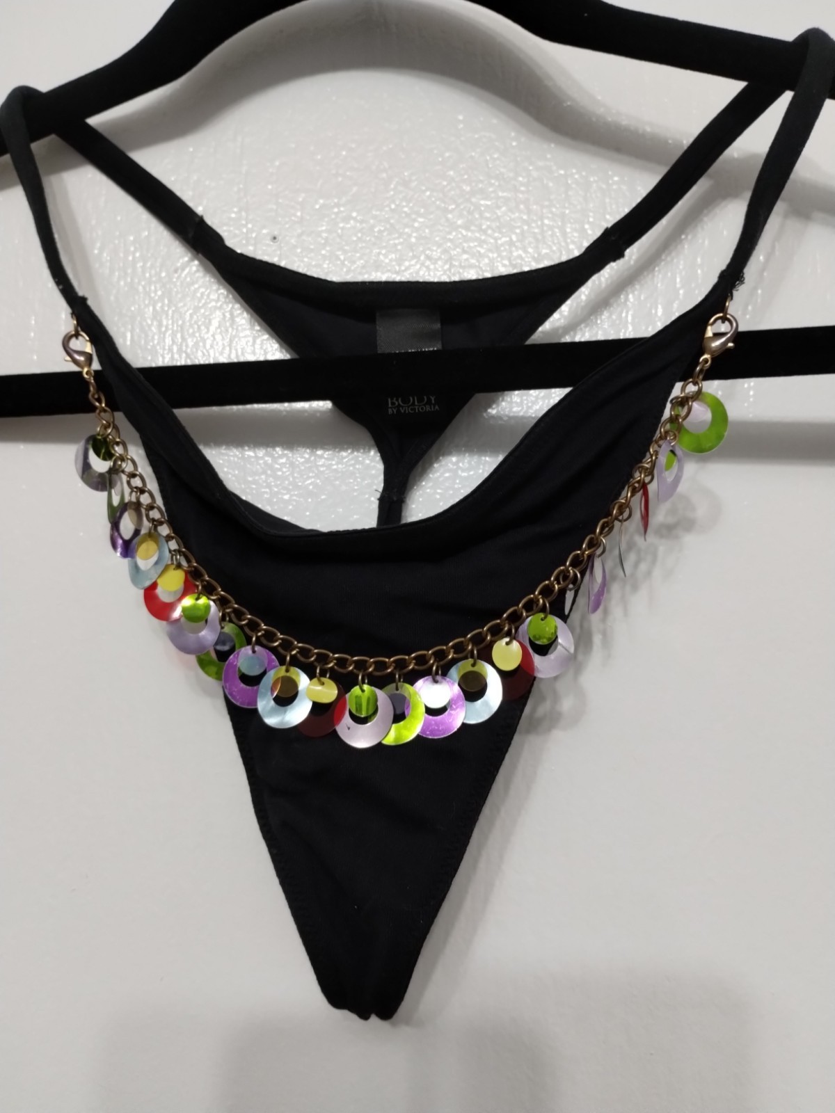 New Vintage Black Size L Thong With Removable Sequin Chain Body By Victoria