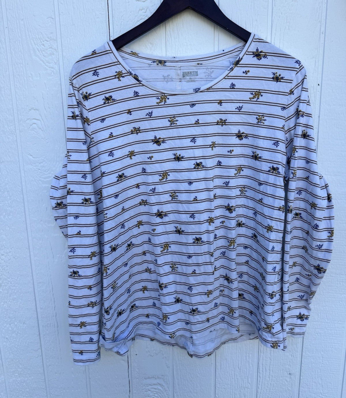 Duluth Trading Co Women’s XL Cotton Knit Striped Floral Ruffle Sleeve Tee