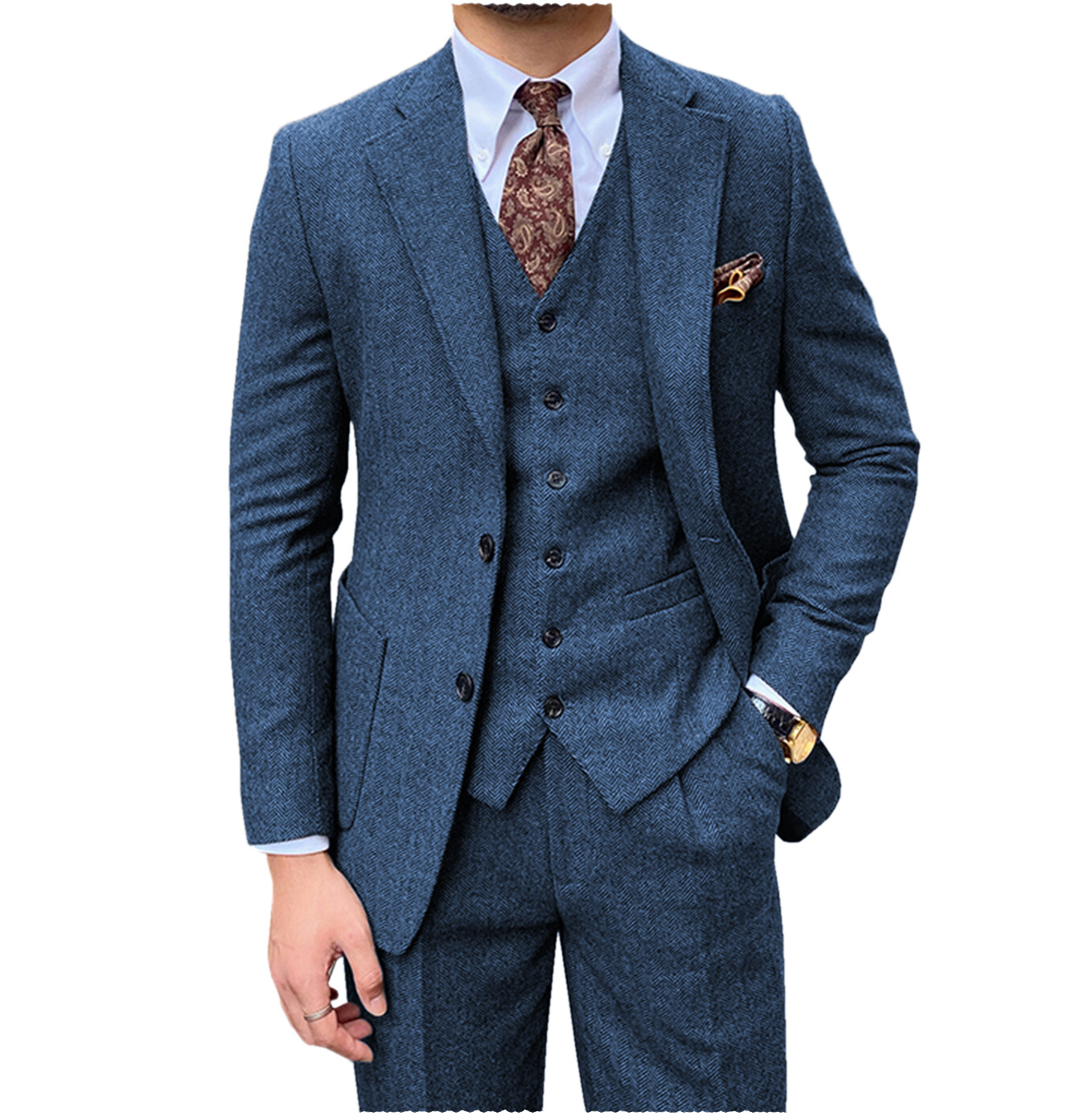 Mens 3Pcs Tweed Suit Wool Herringbone Tuxedo Suits Blazer+Vest+Pants 42r 44r 46r