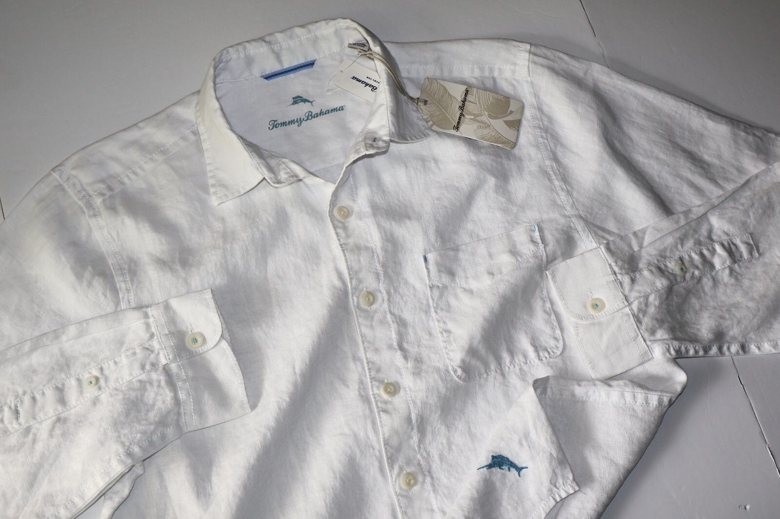 Tommy Bahama Shirt Sea Glass Breezer White Solid Linen New LS Medium M