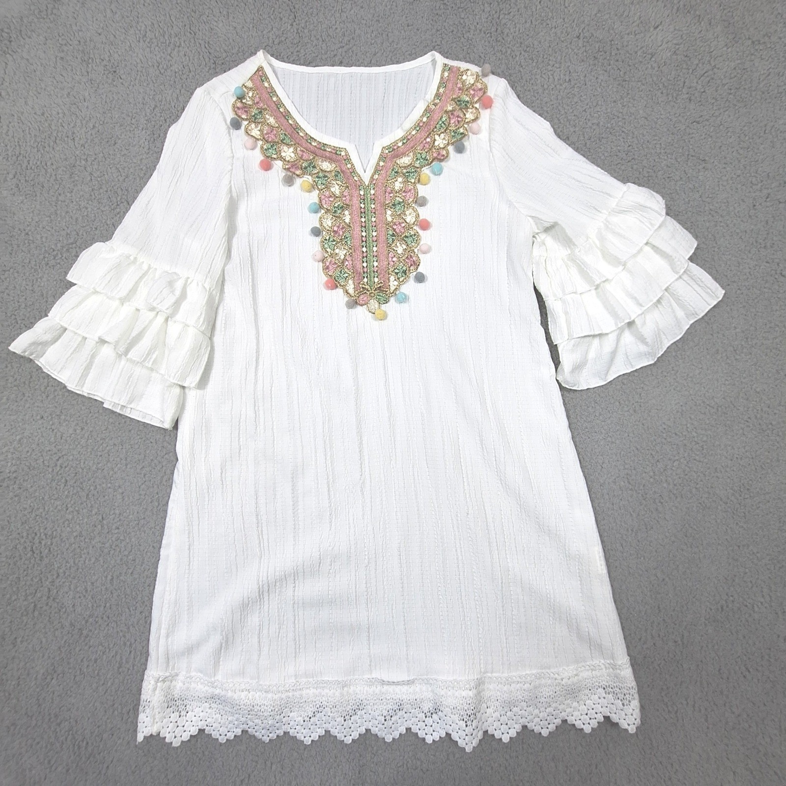 Boho Tunic Mini Dress Womens Small White Embroidered Pom Pom Ruffle Coverup