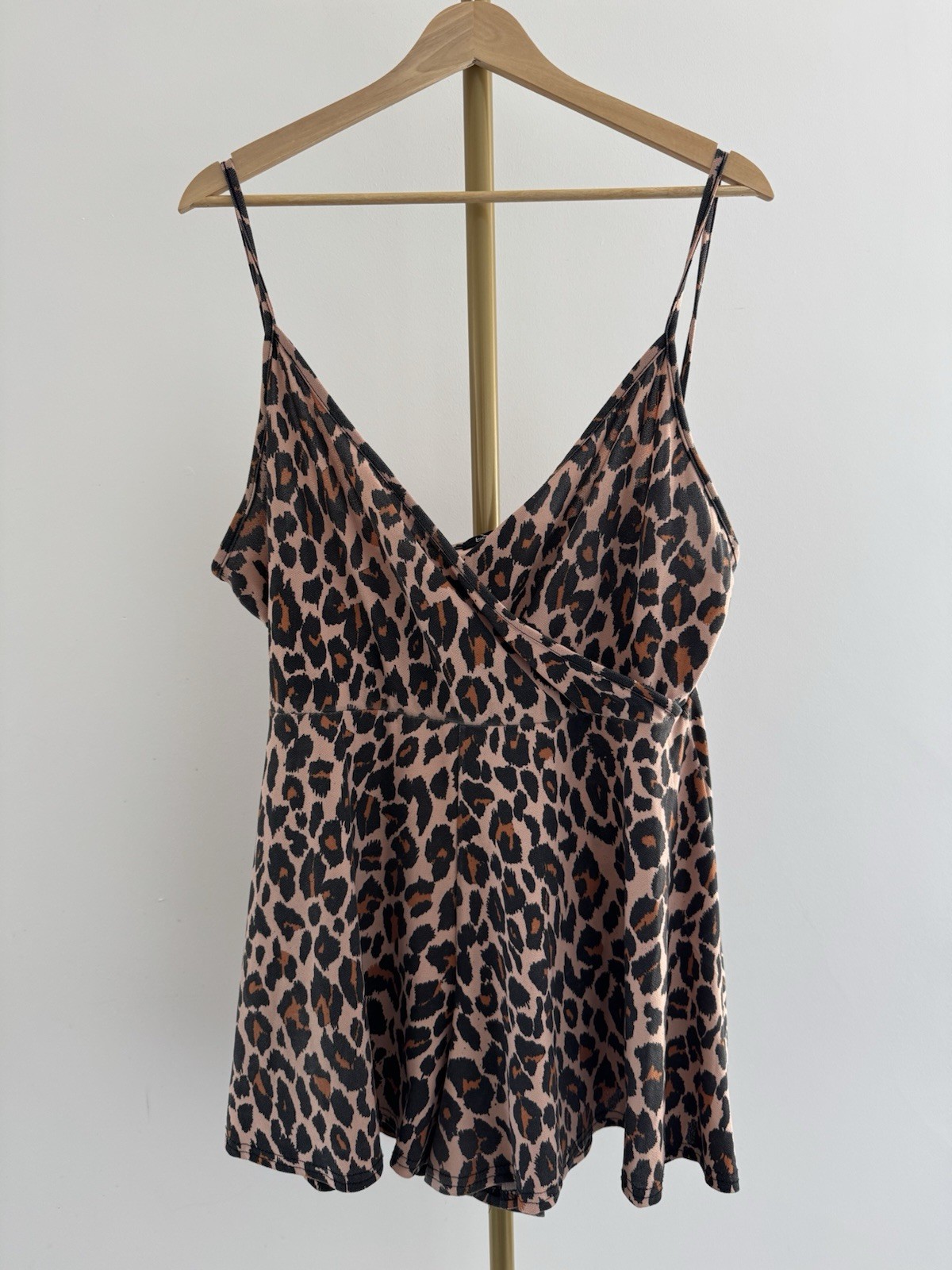 Boohoo Leopard Print Wrap Playsuit UK 18 Beige Brown Strappy Stretch Romper