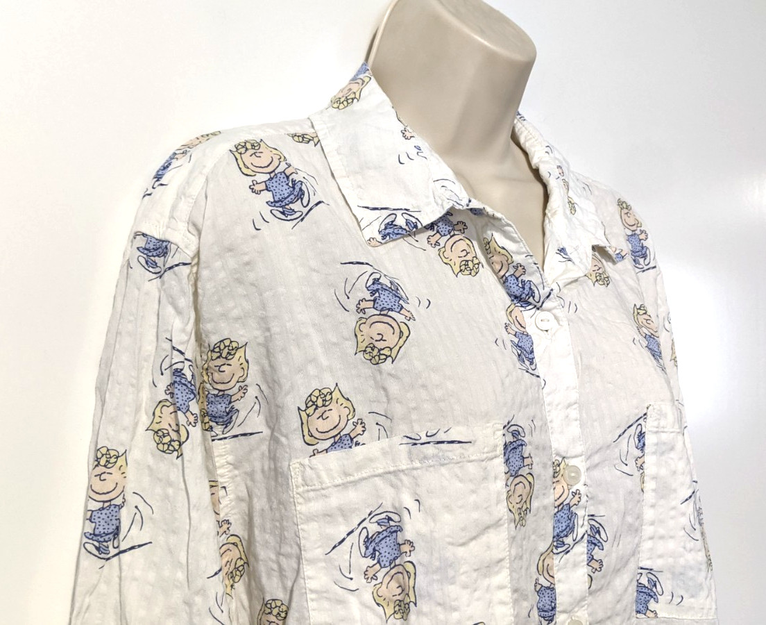 AERIE PEANUTS Sally Brown Seersucker Button Front Shirt Sz L Cotton Blend Muslin
