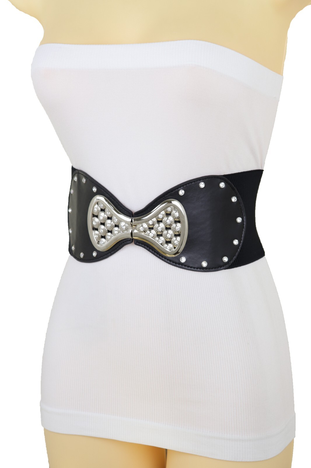 Women Wide Black Elastic Gift Present Belt Bling Bow Tie Ribbon Buckle Size S M