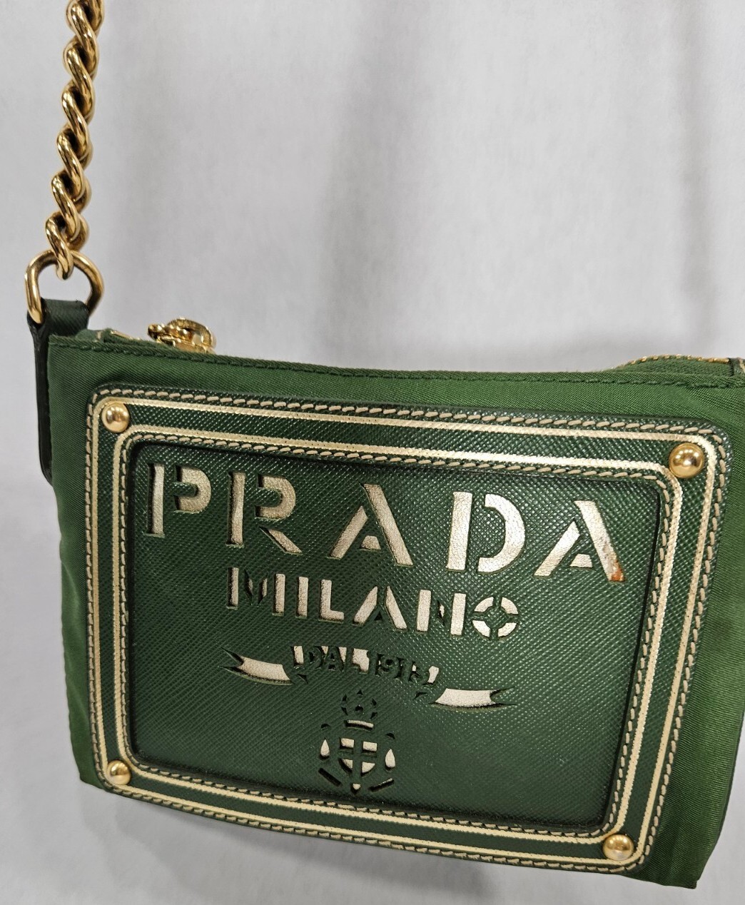 Prada Crossbody Tessuto Saffino Mini Chain Crossbody Green Gold Cut Out Logo